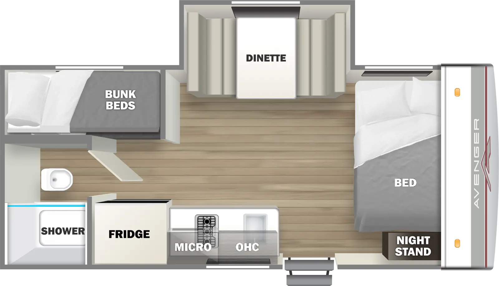 The 17BHS has one slideout and one entry. Interior layout front to back: side facing bed and night stand; off-door side dinette slideout; door side entry, kitchen counter with sink, overhead cabinet, microwave, cooktop, and refrigerator; rear off-door side bunk beds; rear door side bathroom with shower and toilet only.